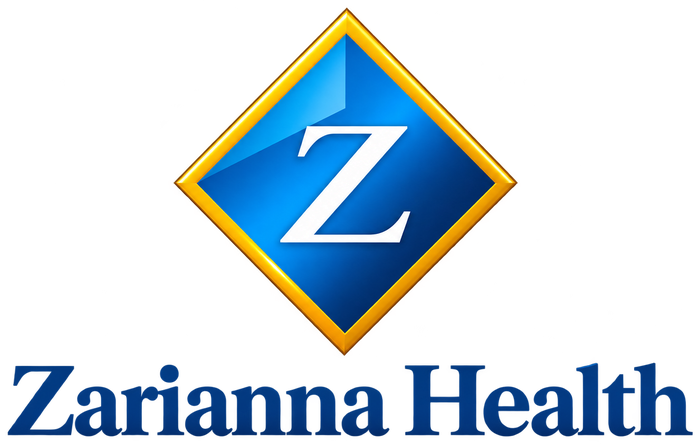 Zarianna Health logo: a gold-framed blue diamond with a white Z above the name Zarianna Health